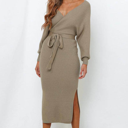 Surplice Neck Bow Waist Slit Sweater Dress - MimiStylez