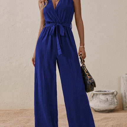 Tied Surplice Sleeveless Wide Leg Jumpsuit - MimiStylez