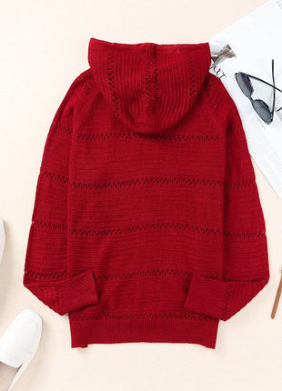 Zip-Up Raglan Sleeve Openwork Hooded Cardigan - MimiStylez