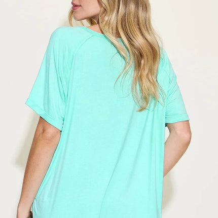 Basic Bae Full Size Bamboo Slit V-Neck Short Sleeve T-Shirt - MimiStylez