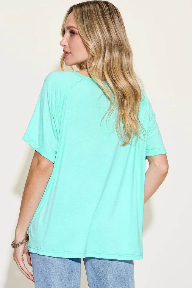 Basic Bae Full Size Bamboo Slit V-Neck Short Sleeve T-Shirt - MimiStylez