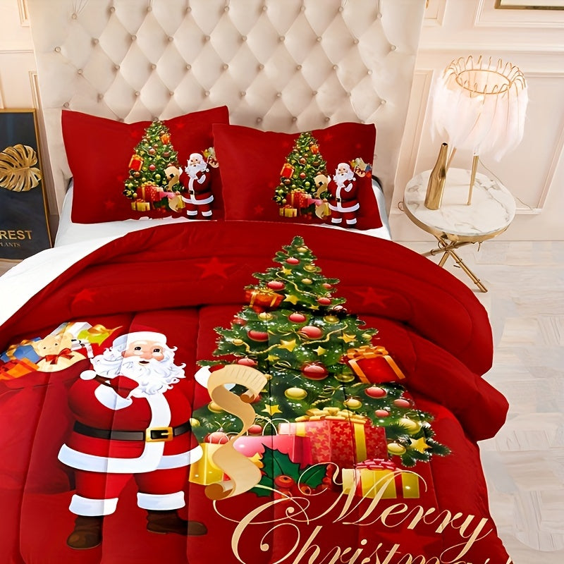 3pcs Christmas Theme Comforter Set (1*Comforter + 2*Pillowcase, Without Core), Santa Claus Christmas Tree Merry Christmas For Boys And Girls Super Soft And Comfortable Bedding Digital Print Quilt Core