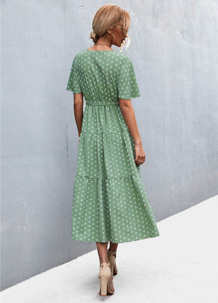 Printed V-Neck Flutter Sleeve Belted Dress - MimiStylez