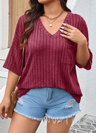 Plus Size V-Neck Ribbed Knit T-Shirt - MimiStylez