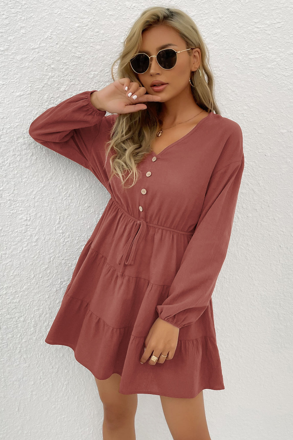 Decorative Button Tie Front Tiered Mini Dress