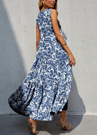 Tiered Printed V-Neck Sleeveless Dress - MimiStylez