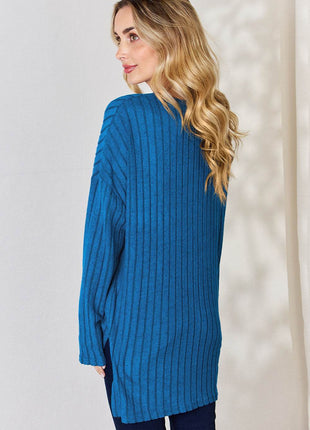 Basic Bae Full Size Ribbed Half Button Long Sleeve High-Low T-Shirt - MimiStylez