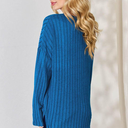 Basic Bae Full Size Ribbed Half Button Long Sleeve High-Low T-Shirt - MimiStylez