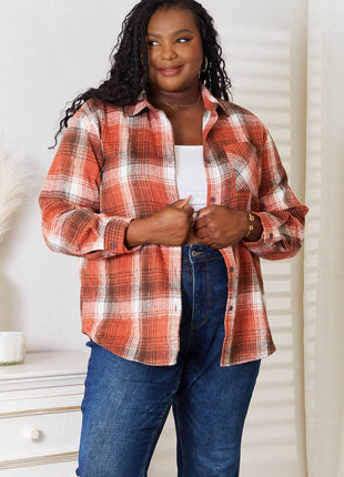 Double Take Plaid Collared Neck Long Sleeve Shirt - MimiStylez