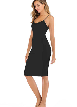 Lace Detail V-Neck Spaghetti Strap Lounge Dress - MimiStylez