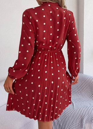 Polka Dot Tie Neck Pleated Dress - MimiStylez