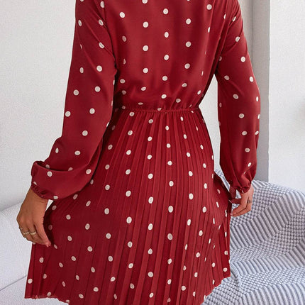Polka Dot Tie Neck Pleated Dress - MimiStylez