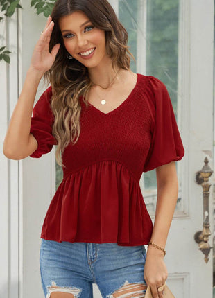 Smocked Balloon Sleeve Peplum Blouse - MimiStylez