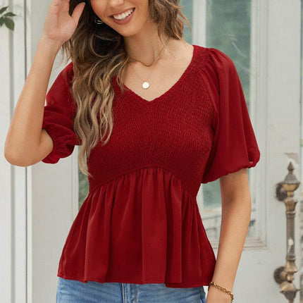 Smocked Balloon Sleeve Peplum Blouse - MimiStylez