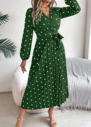 Tied Polka Dot Long Sleeve Midi Dress - MimiStylez