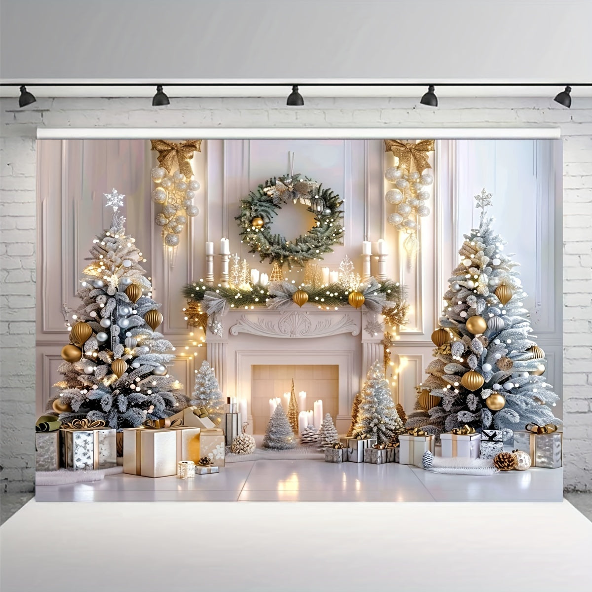 Elegant White Christmas Fireplace Backdrop with Gift Trees and Wreath - Indoor Living Room Winter Holiday Photo Studio Props - Multi-Purpose Party Decor - No Electricity Required