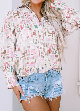 Printed Collared Neck Long Sleeve Shirt - MimiStylez