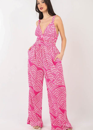 VERY J Printed Pleated Sleeveless Wide Leg Jumpsuit - MimiStylez