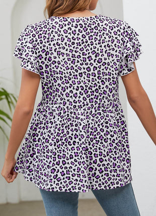 Leopard Round Neck Flutter Sleeve Babydoll Blouse - MimiStylez
