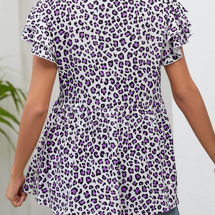 Leopard Round Neck Flutter Sleeve Babydoll Blouse - MimiStylez