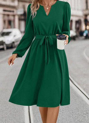 Tie Waist Notched Neck Long Sleeve Dress - MimiStylez