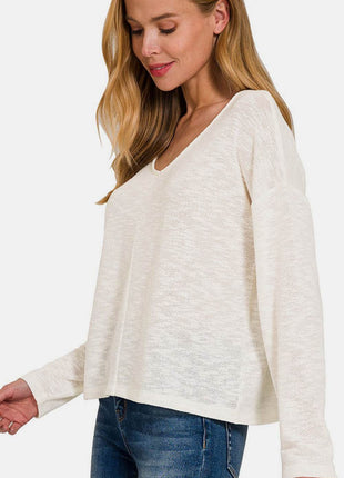 Zenana V-Neck Dropped Shoulder Long Sleeve T-Shirt - MimiStylez