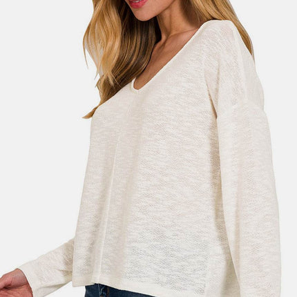 Zenana V-Neck Dropped Shoulder Long Sleeve T-Shirt - MimiStylez