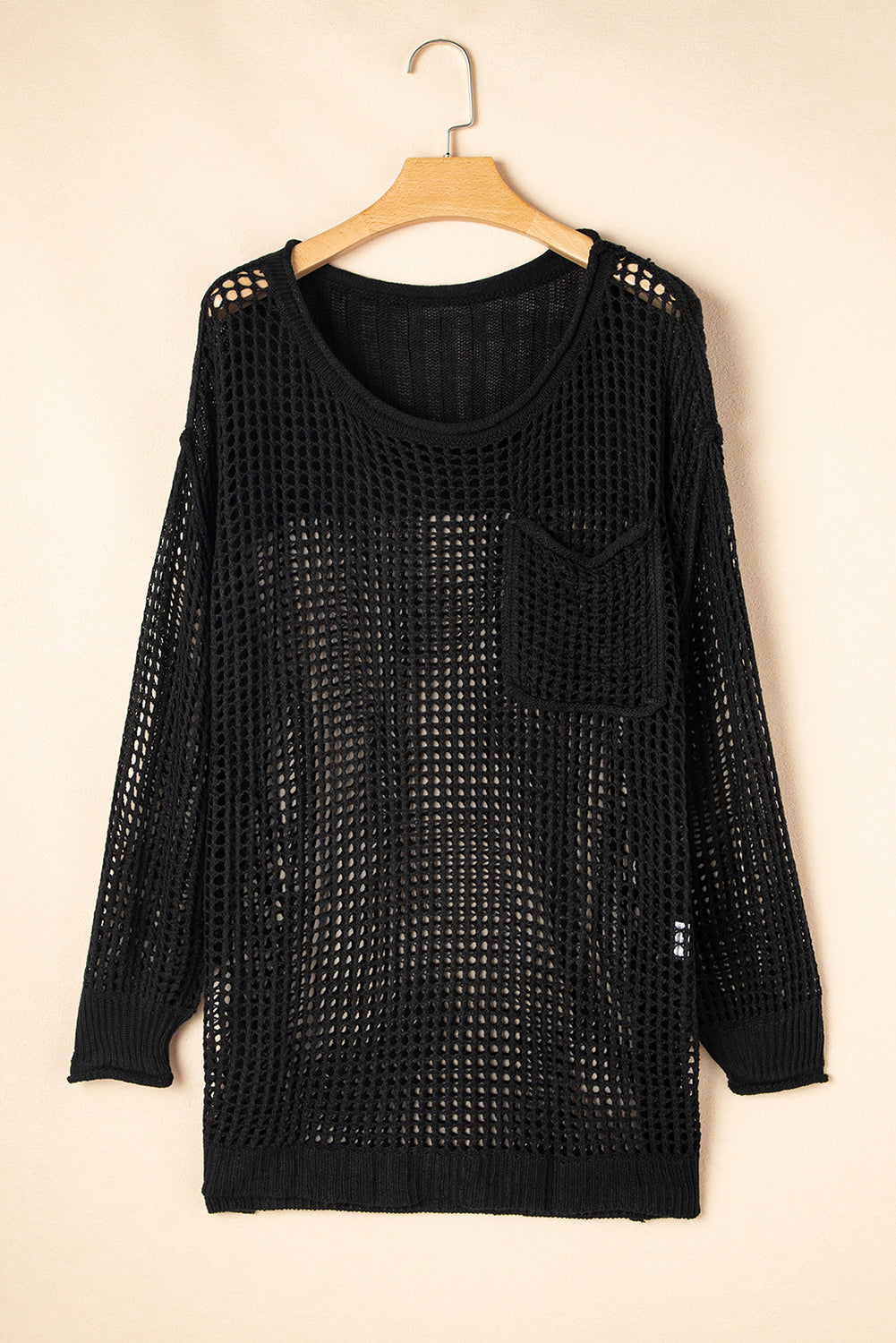 Black Fishnet Hollow-out Long Sleeve Beach Cover up