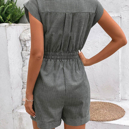 Striped Notched Tie Waist Romper - MimiStylez