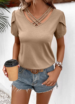 Strappy V-Neck Petal Sleeve Top - MimiStylez