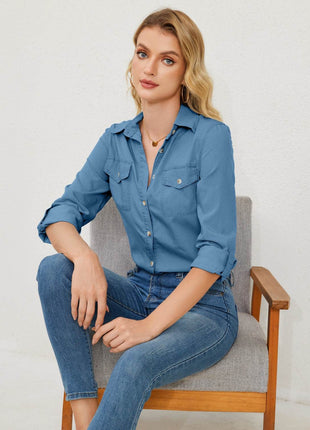 Pocketed Button Up Long Sleeve Denim Shirt - MimiStylez