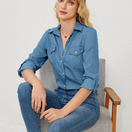 Pocketed Button Up Long Sleeve Denim Shirt - MimiStylez