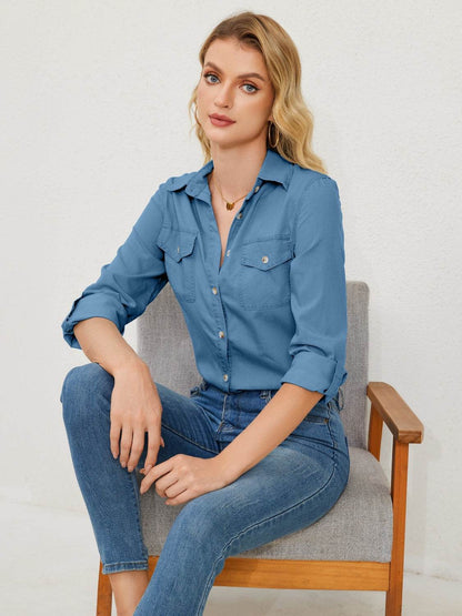 Pocketed Button Up Long Sleeve Denim Shirt - MimiStylez