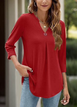 Notched Three-Quarter Sleeve T-Shirt - MimiStylez