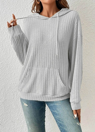 Ribbed Dropped Shoulder Drawstring Hoodie - MimiStylez