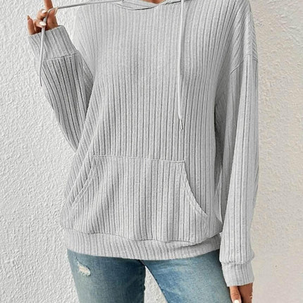 Ribbed Dropped Shoulder Drawstring Hoodie - MimiStylez