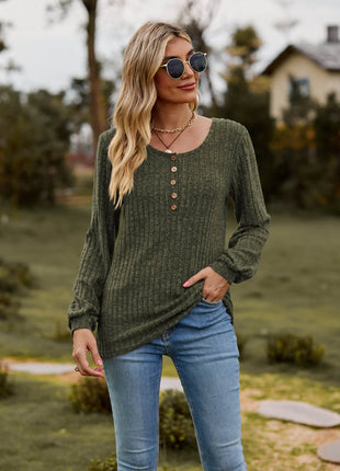 Round Neck Button-Down Long Sleeve Tee - MimiStylez