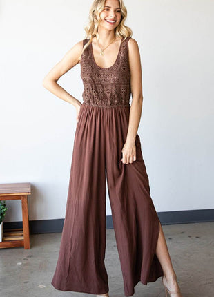 First Love Tie Back Sleeveless Slit Wide Leg Jumpsuit - MimiStylez