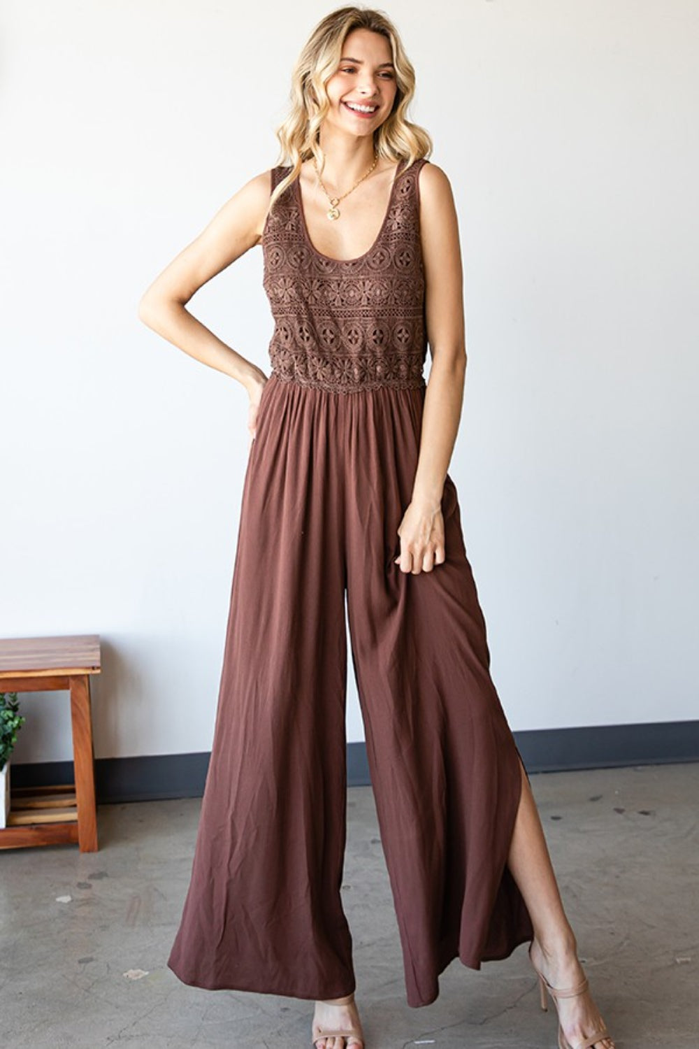 First Love Tie Back Sleeveless Slit Wide Leg Jumpsuit