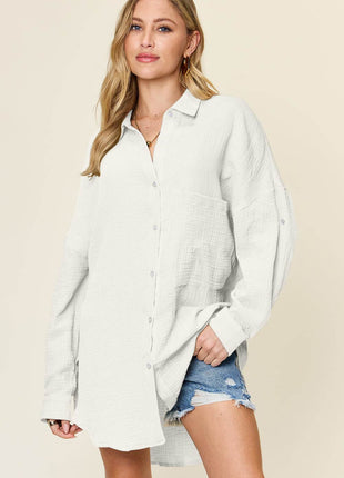 Double Take Full Size Pocketed Texture Button Up Shirt - MimiStylez