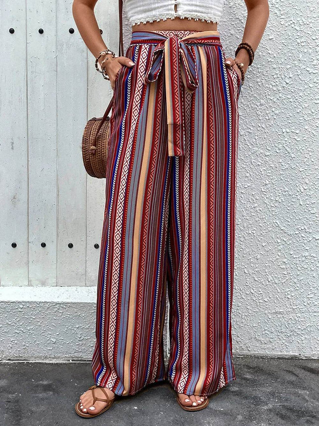 Perfee Tied Geometric Wide Leg Pants - MimiStylez