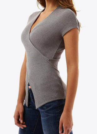 Ribbed Surplice Neck Slit Top - MimiStylez