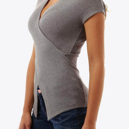 Ribbed Surplice Neck Slit Top - MimiStylez