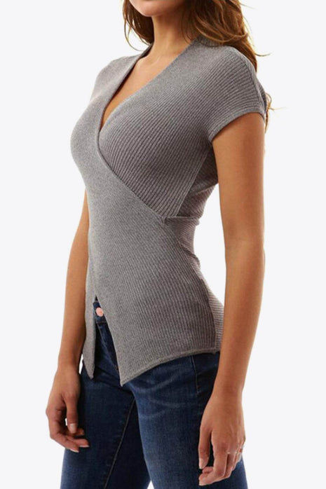 Ribbed Surplice Neck Slit Top - MimiStylez