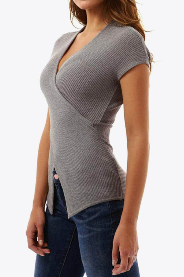 Ribbed Surplice Neck Slit Top - MimiStylez