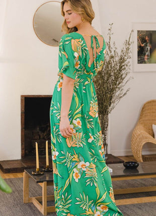 ODDI Full Size Floral Smocked Tied Back Maxi Dress - MimiStylez