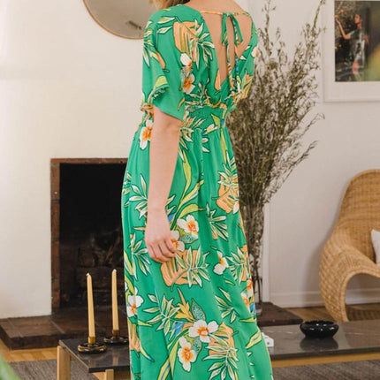 ODDI Full Size Floral Smocked Tied Back Maxi Dress - MimiStylez