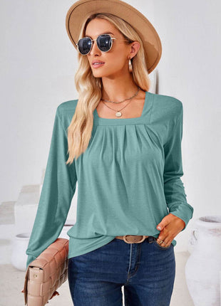 Square Neck Ruched Long Sleeve Blouse - MimiStylez