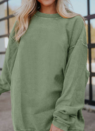 Ribbed Round Neck Drop Shoulder Sweatshirt - MimiStylez
