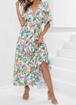 Floral Print V-neck Boho Midi Dress - MimiStylez